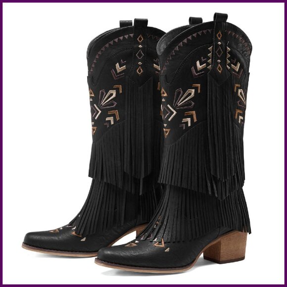 Knee High Cowboy Boots Fringe Embroidered Chunky Heel Western Boots